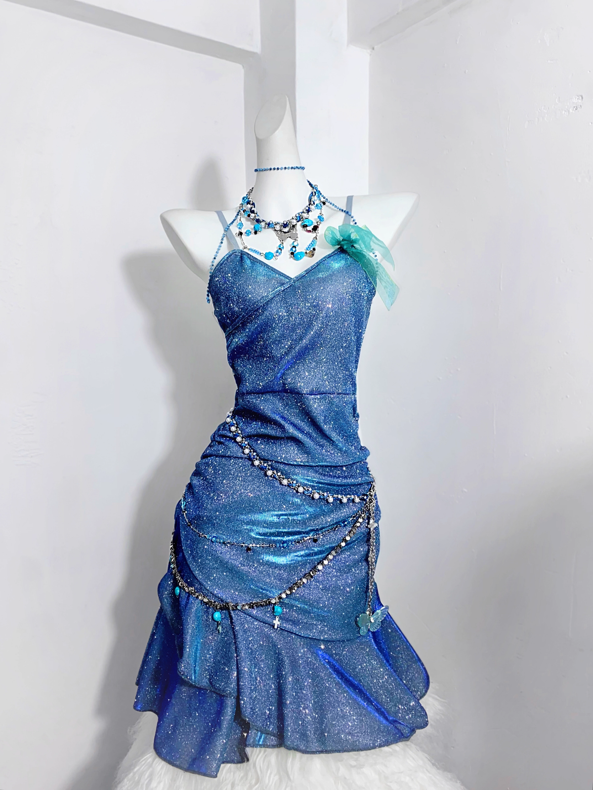 Glitter Blue Spaghetti Straps Short Ruffle Cocktail Dress Formal Homecoming Dress - View 2 | FashionDia