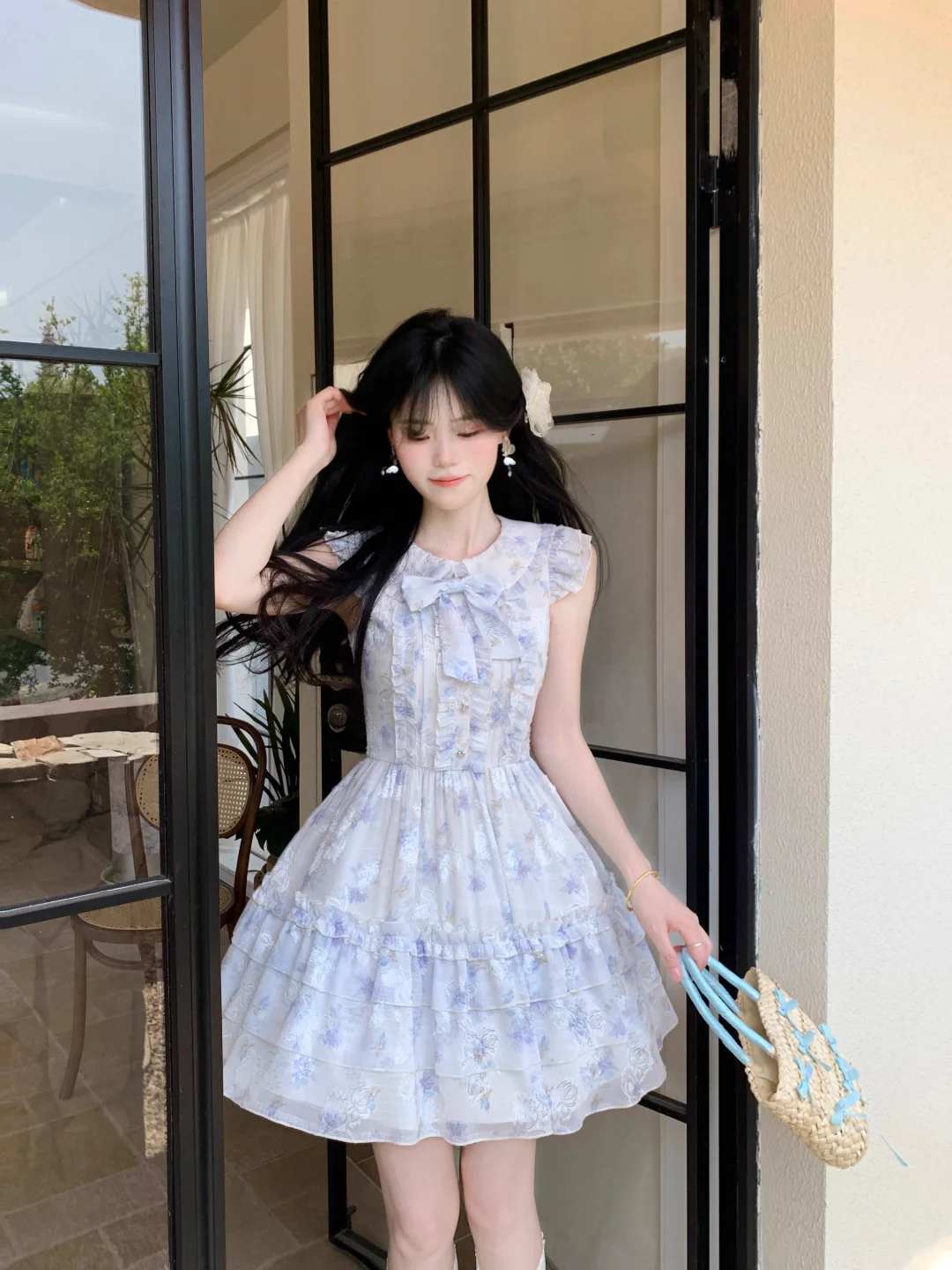 Cute Blue Chiffon Print Floral A-Line Short Birthday Outfits Formal 7th Grade Homecoming Dress - FashionDia