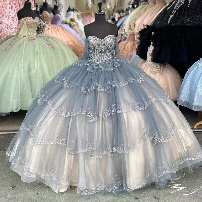 Sparkly Blue Sequin Off The Shoulder Ball Gown,Tulle Layered Sweet 16 Birthday Dress