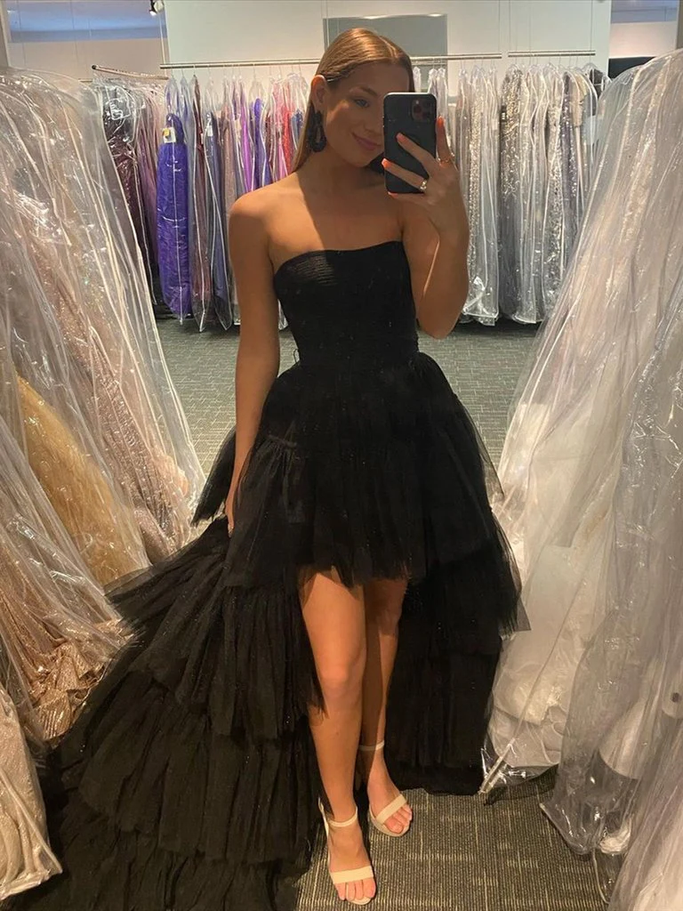Black High-Low Tulle Prom Dress, Black Tulle High-Low Formal Evening Dresses - FashionDia