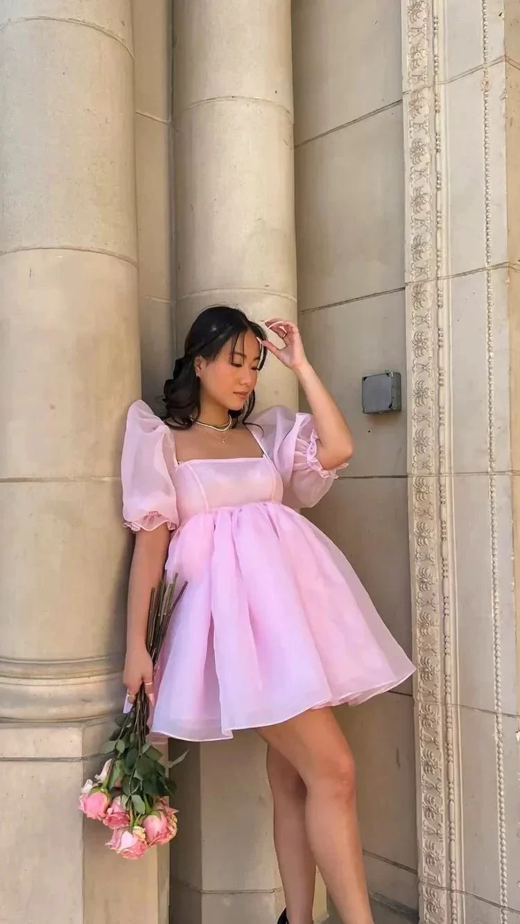 Fairy Mesh Tulle Dress for Women Puff Sleeve Mini Princess Dress Square Neck Homecoming Dress (ZD12133)