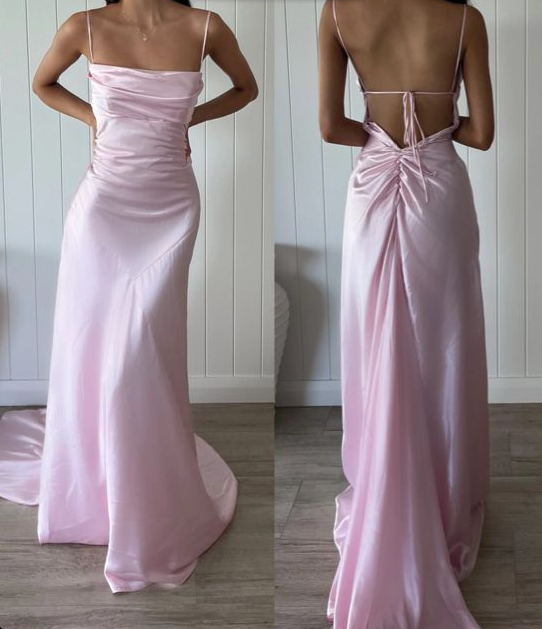 Pink Straps Satin Backless Long Party Evening Dress