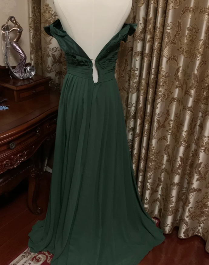 Vintage Green Off-the-Shoulder Satin Pleated Long Wedding Guest Dress Party Dress Prom Gown - View 6 | FashionDia