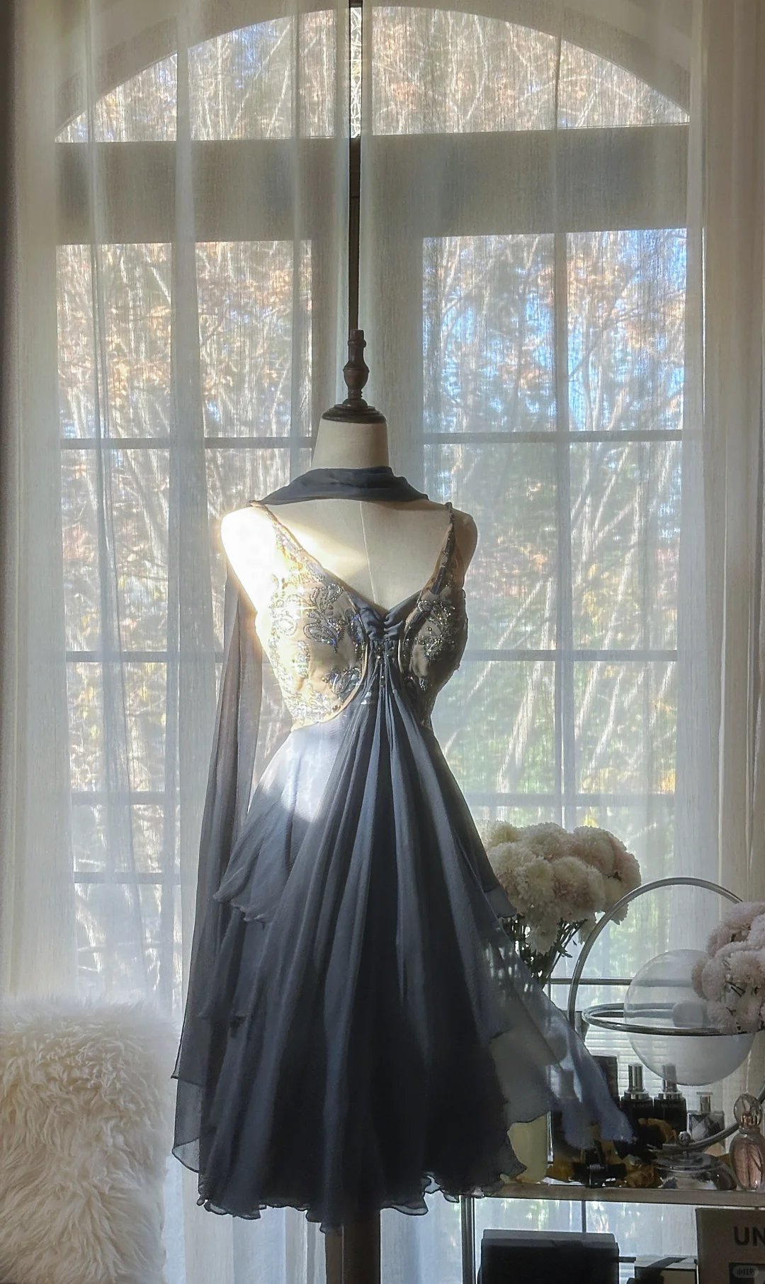 Stylish Spaghetti Straps V-Neck Chiffon Sequin Cocktail Dress Blue Short Birthday Outfits Homecoming Dress - View 3 | FashionDia