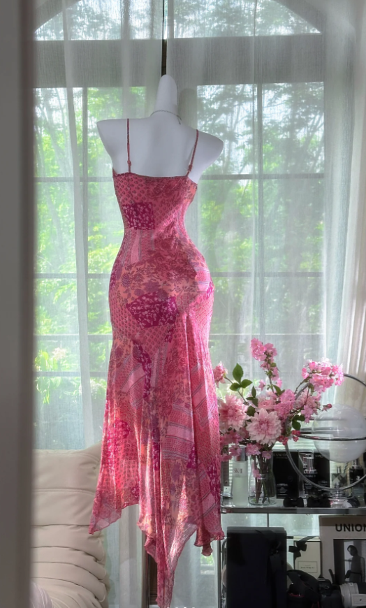 Unique Pink Spaghetti Straps Chiffon V-Neck Mermaid Party Dress Long Prom Dress - View 3 | FashionDia