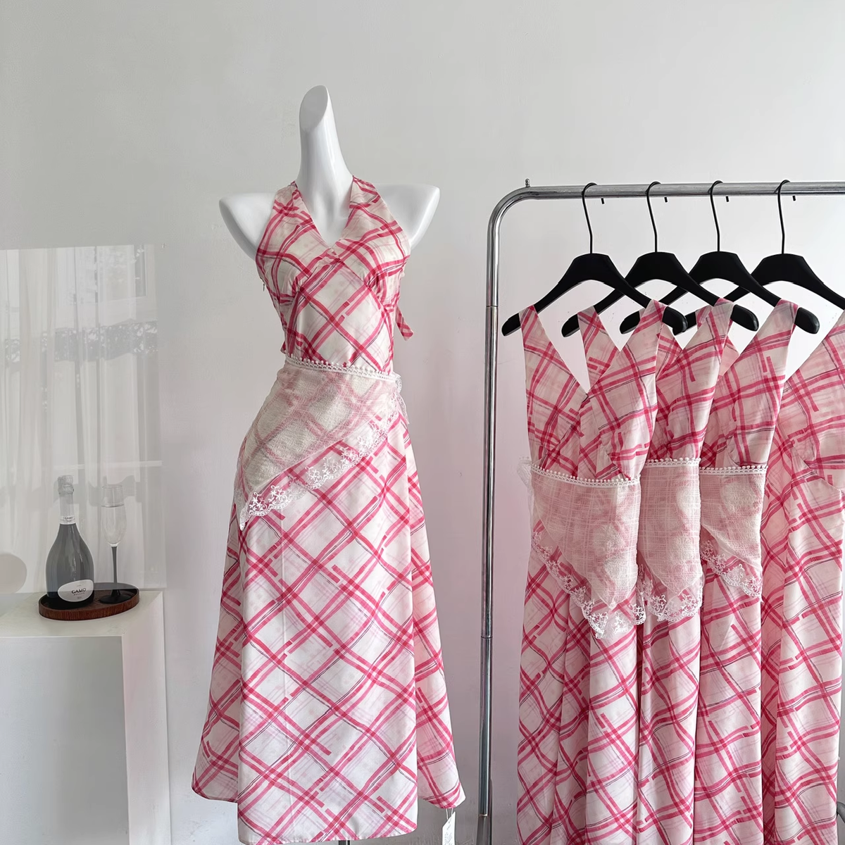 Red White Grid French A-Line Vacation Dress Birthday Dress - View 4 | FashionDia