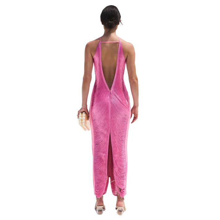 Classy Hot Pink Halter Satin Backless Prom Evening Dress,Slit Party Gown - View 5 | FashionDia