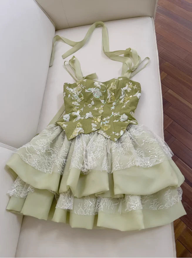 Pretty Green Satin Lace Short homecoming Dress Birthday Outfits - View 4 | FashionDia