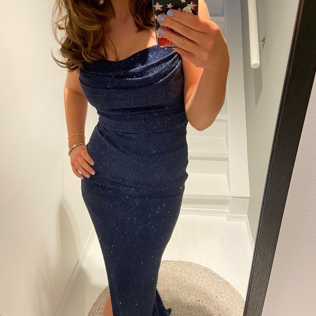 Charming Spaghetti Straps Navy Blue Satin Sequin Sheath Long Wedding Guest Dress Party Dress - FashionDia