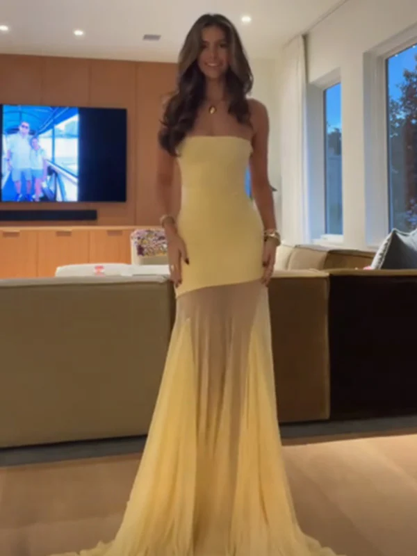 Chic Yellow Strapless Satin Long Prom Dress Formnal Party Dress - View 2 | FashionDia