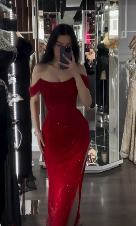 Shiny Off Shoulder Sequins Red Prom Dress Evening Dress With Side Slit Y7805 - View 2 | VelvetHem