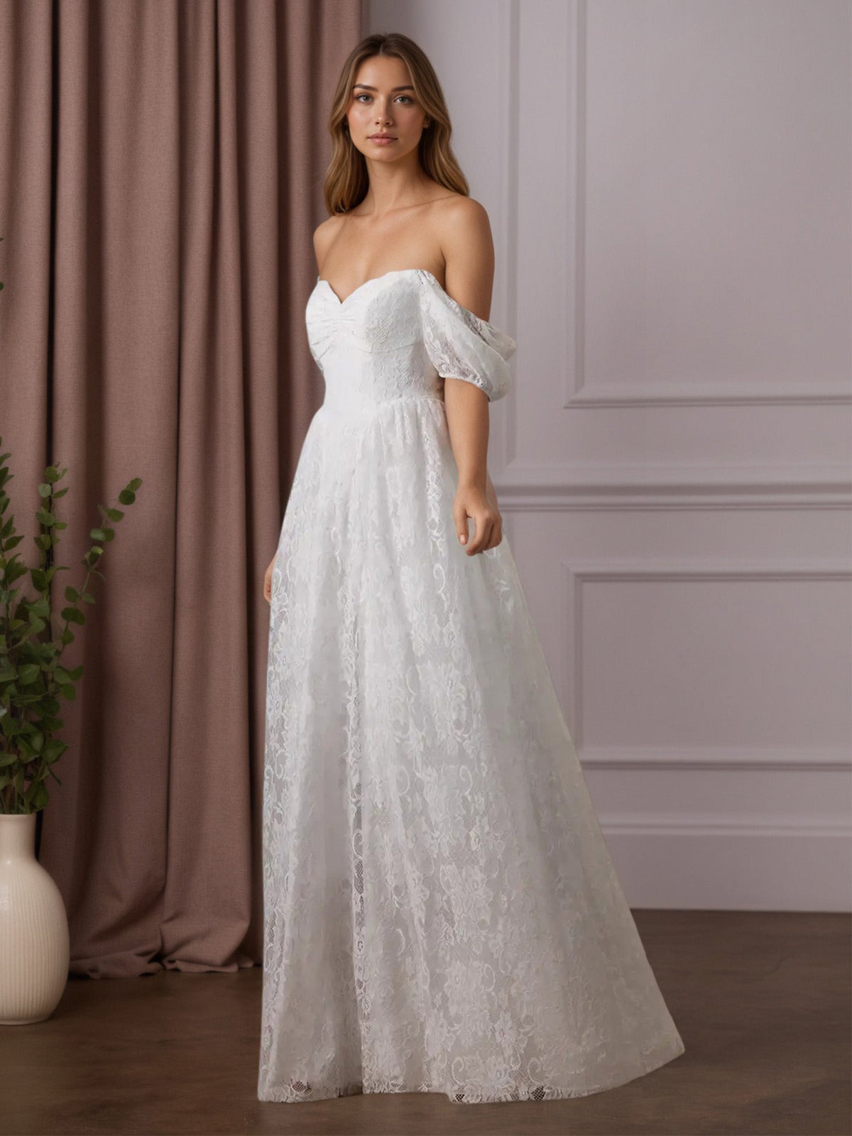 White A-Line Sweetheart Neckline Lace Wedding Dress - View 5 | FashionDia