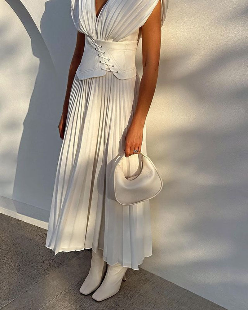 Fashion Solid Color V-neck Crimp Waist Dress - Fashionpara