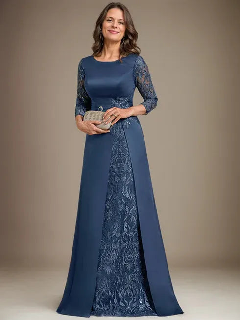 A-Line Scoop Floor-Length Lace Satin Mother Of the Bride Dress With Applique - View 4 | FashionDia