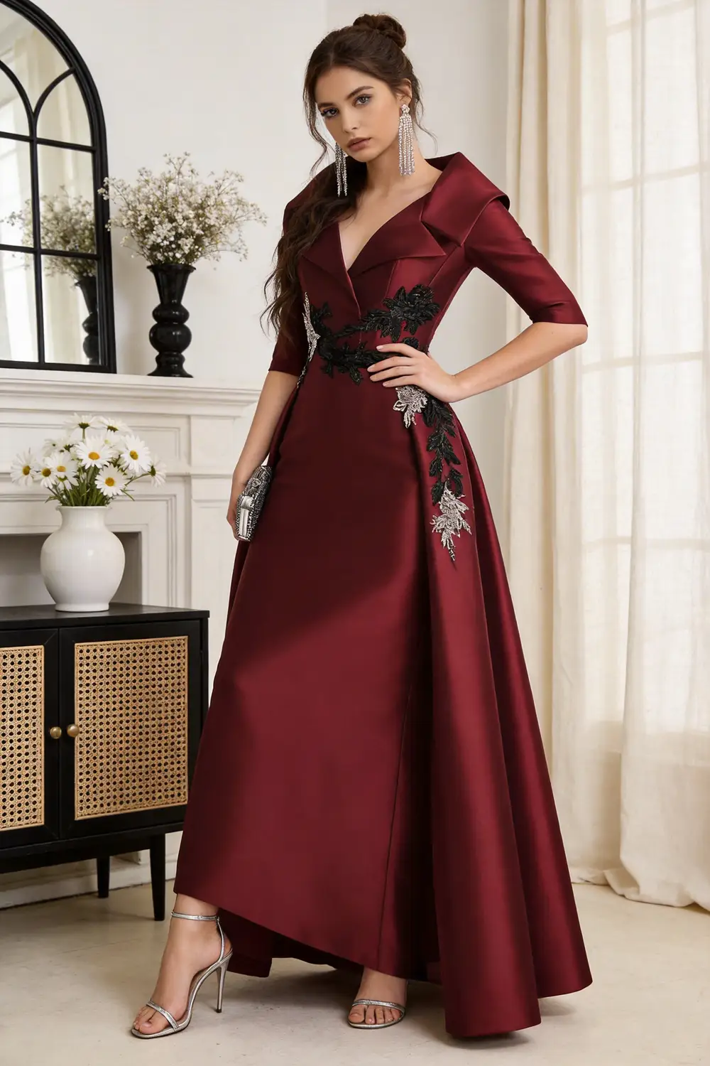 Burgundy Satin Floral Embroidered Mermaid Evening Gown, Overskirt Formal Dress by tangjianjun