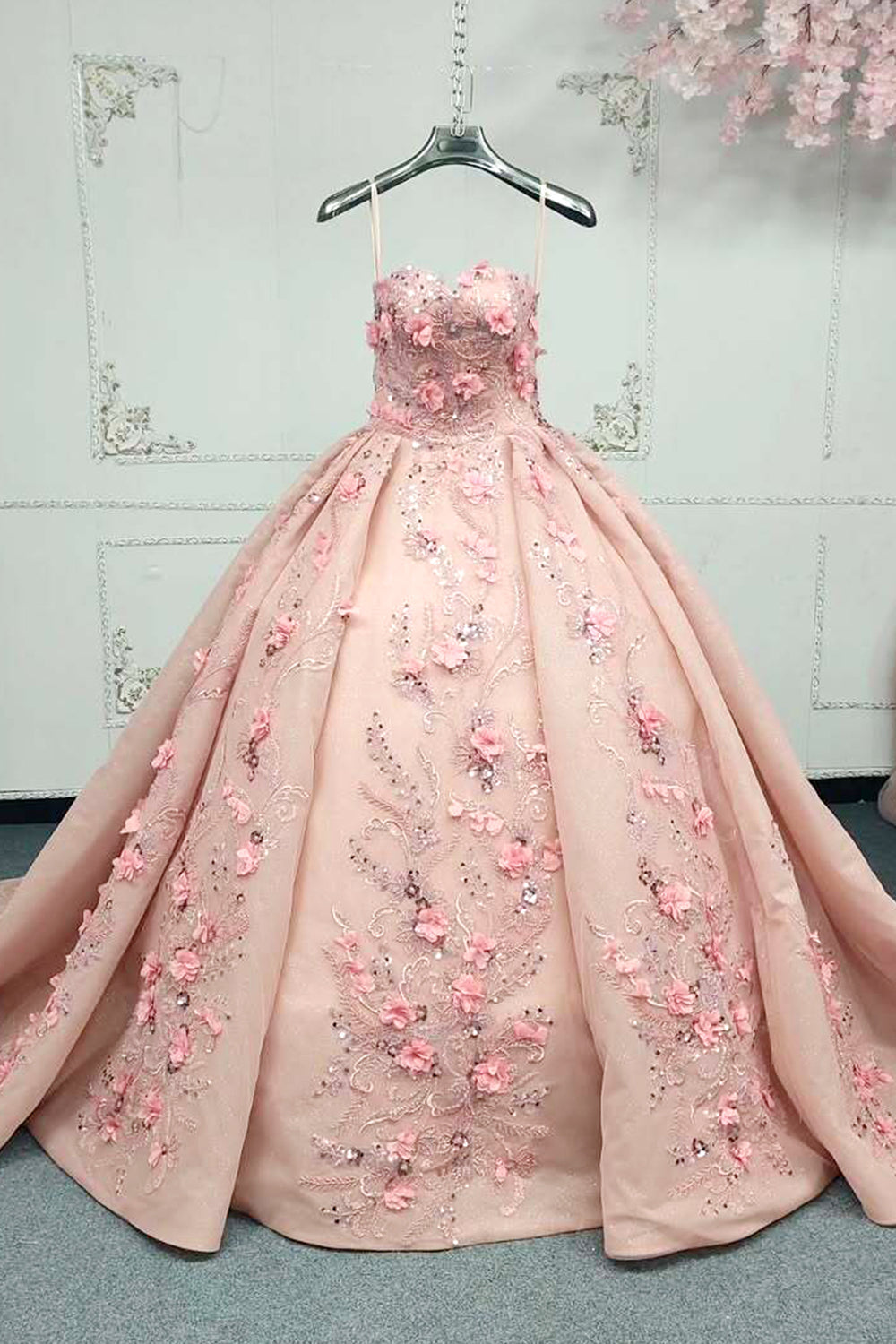 Gorgeous A Line Sweetheart Pink Ball Gown Quinceanera Dress with Appliques Flowers - FashionDia