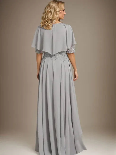 A-line Scoop Illusion Asymmetrical Chiffon Lace Mother of the Bride Dress With Beading - View 4 | FashionDia