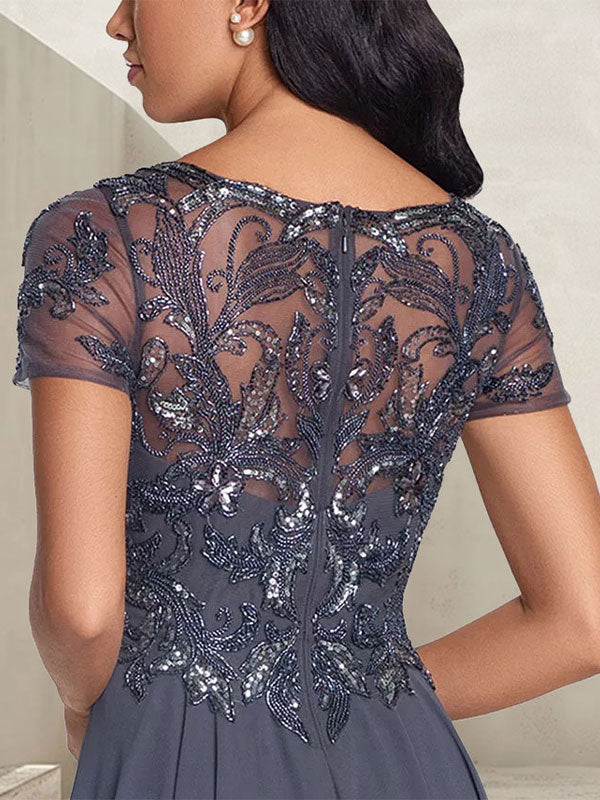 Charcoal Grey A-Line Scoop Long Mother of the Bride Dress With Beadings - View 4 | FashionDia