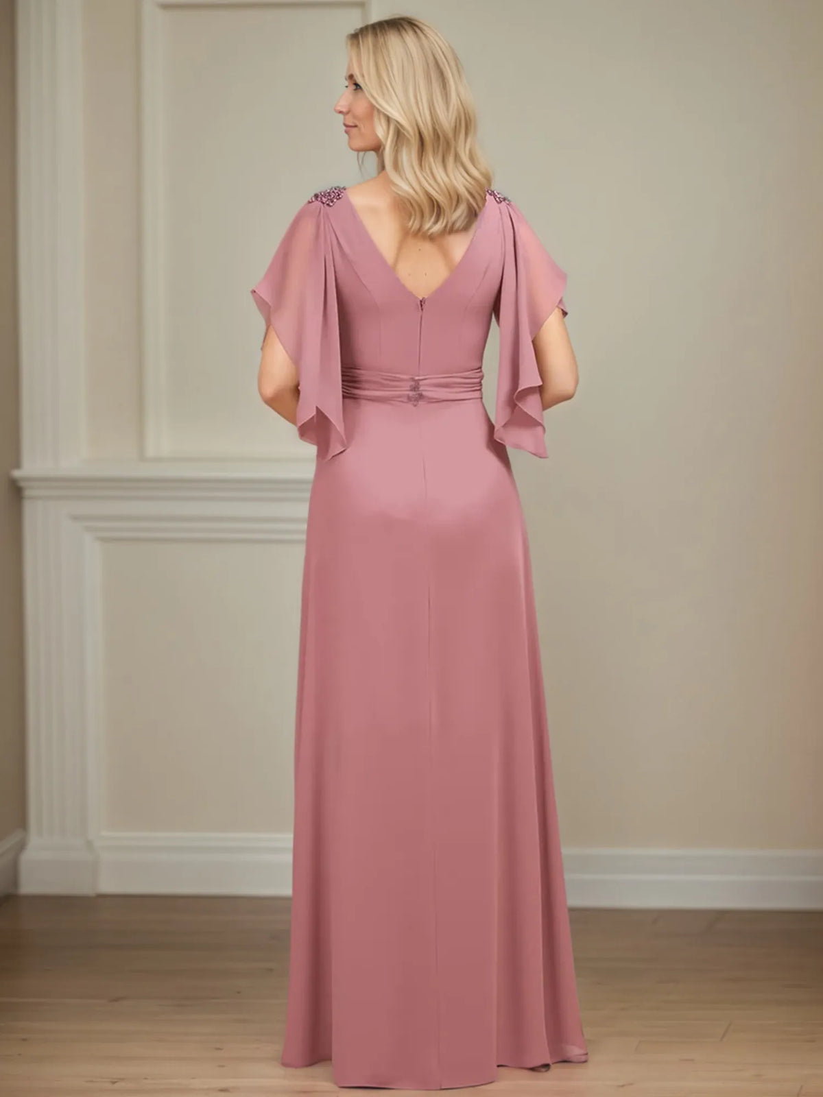 A-Line V-Neck Appliqued Floor-Length Mother of the Bride Dress with Ruffles - View 6 | FashionDia