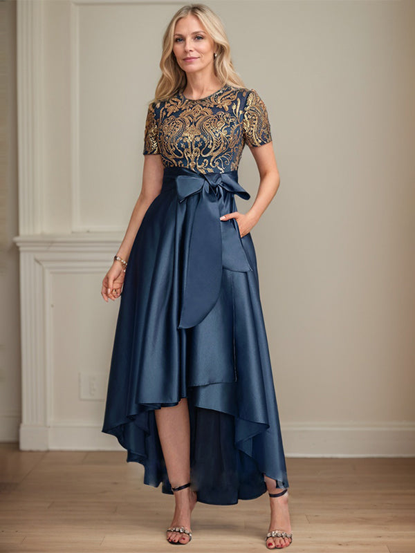 A-line Scoop Asymmetrical Satin Sequin Lace Mother of the Bride Dress With Bow - View 4 | FashionDia
