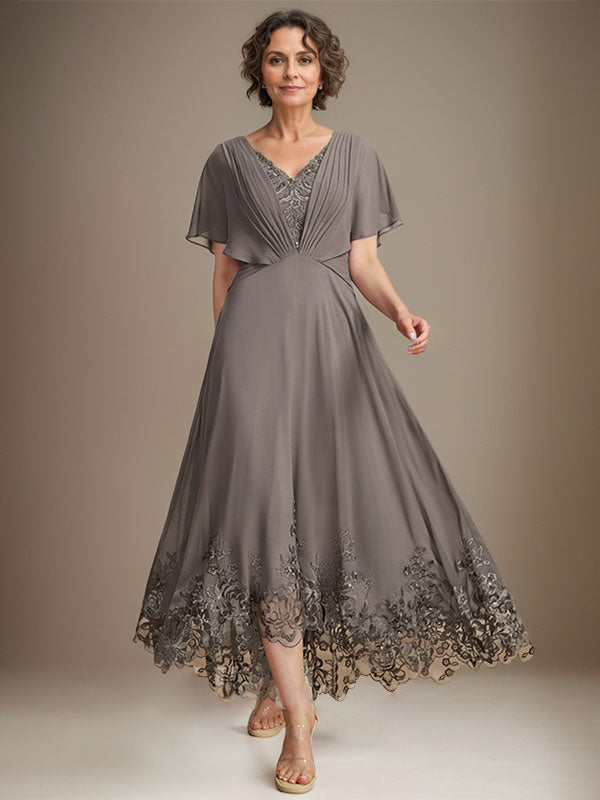 A-line V-Neck Asymmetrical Lace Chiffon Mother of the Bride Dress With Pleated - View 5 | FashionDia