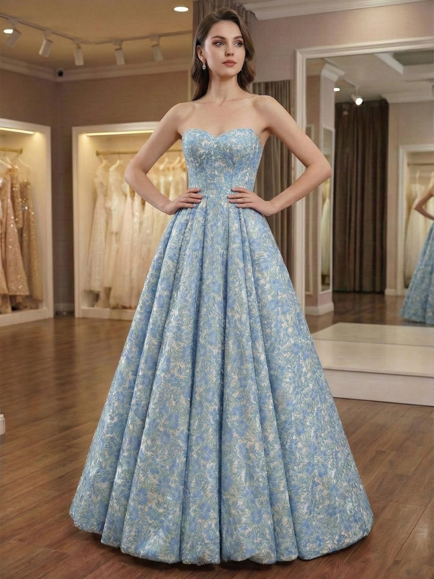 Radiant Rose Pink Floral Brocade Strapless A-Line Prom Dress