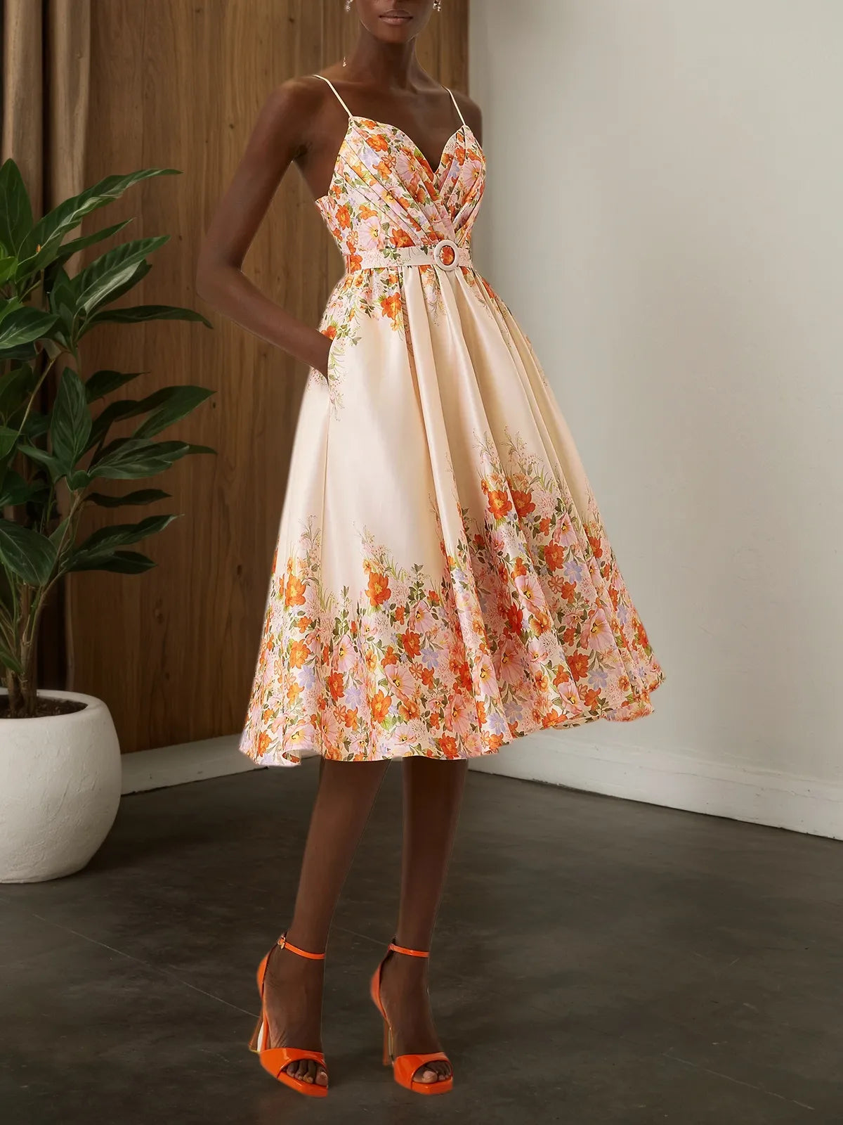 Beige Floral Satin Spaghetti Sleeveless A-Line Midi Dress