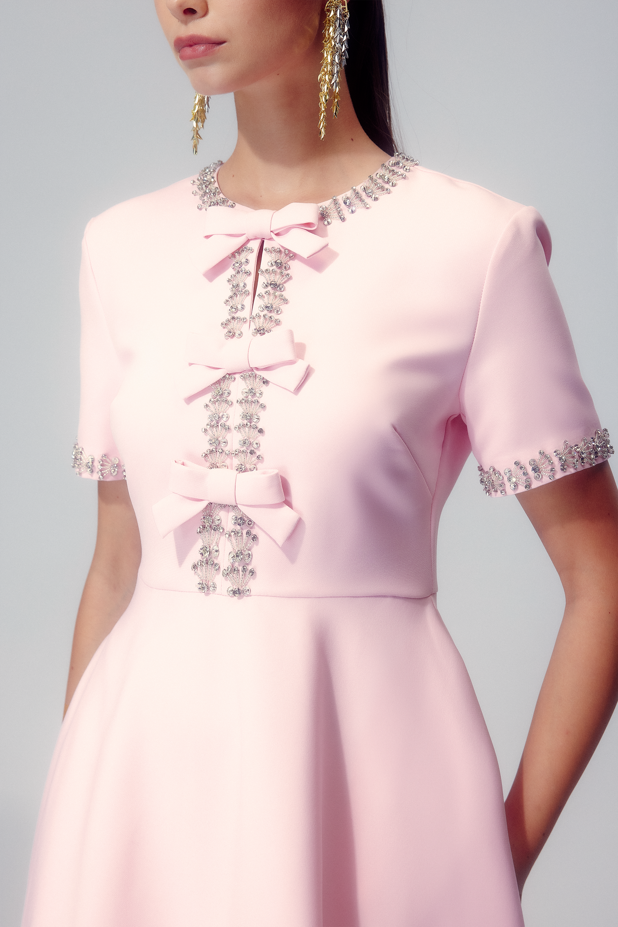 Minimalist Mercedes Midi Dress with Bow and Crystal Embellishment Chic Silhouette Collection