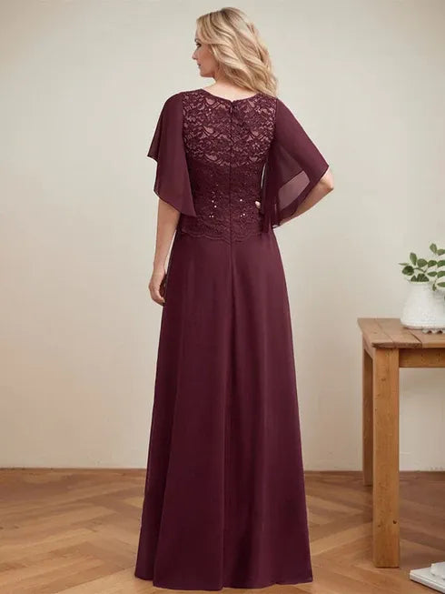 A-line Scoop Illusion Floor-Length Lace Chiffon Mother of the Bride Dress With Sequins - View 4 | FashionDia