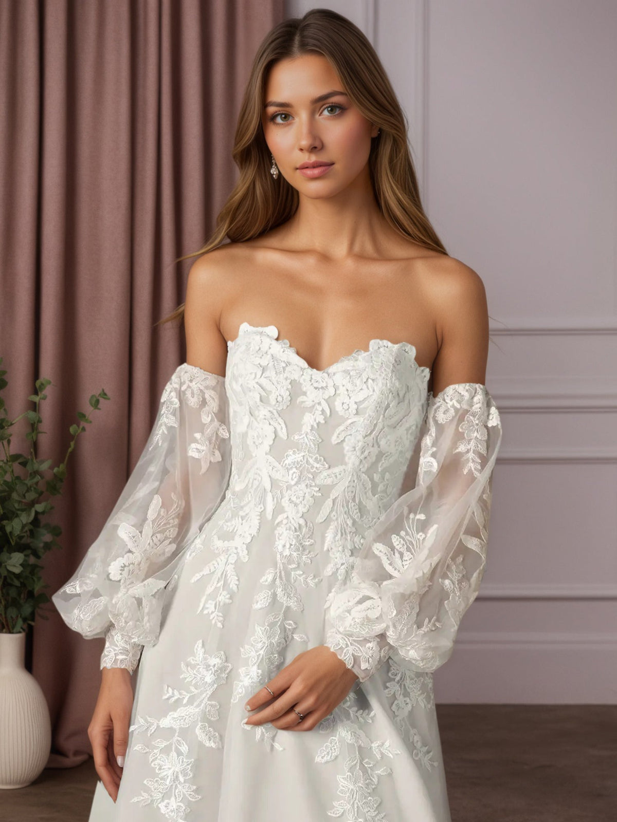 White Ball-Gown Strapless Lace Wedding Dress - View 4 | FashionDia