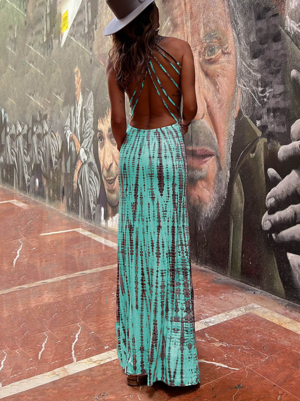 Tie - dye Print Back Lace - up Stretch Maxi Dress