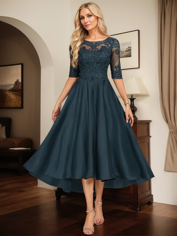 Dark Navy A-line Boat Neck Illusion Asymmetrical Lace Satin Mother of the Bride Dress With Beading - FashionDia
