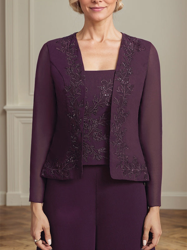 Separates Jumpsuit/Pantsuit Square Ankle-Length Lace Chiffon Mother of the Bride Dress With Sequins - View 4 | FashionDia