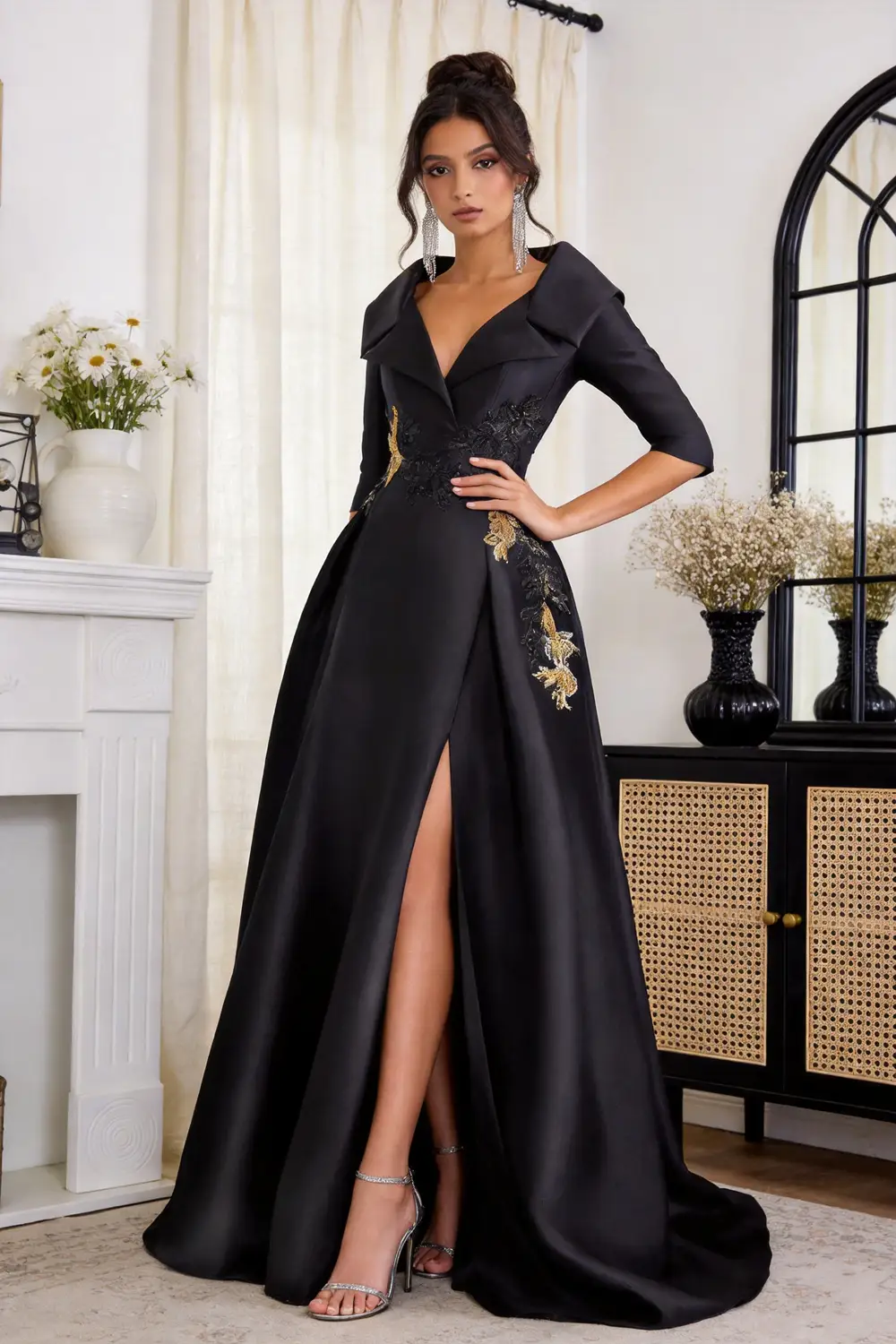 Black Satin Gold Embroidered Formal Gown, Lapel V-Neck High Slit Evening Dress by tangjianjun