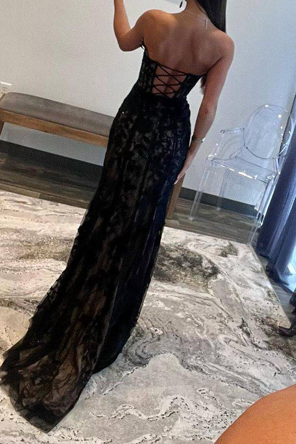 Mermaid Sweetheart Black Corset Prom Dress with Appliques - View 2 | FashionDia