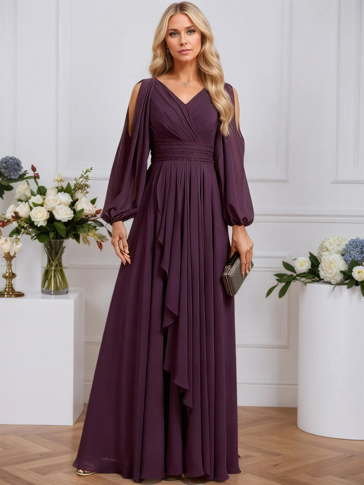 A-line Cold Shoulder V-Neck Floor-Length Chiffon Evening Dress With Cascading Ruffles Beading - FashionDia