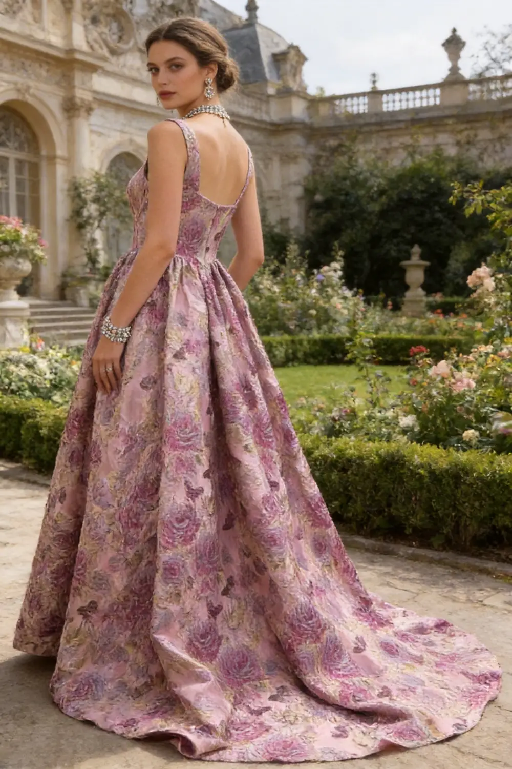 Floral Jacquard Square Neck Aline Evening Gown With Train (ZD17124)