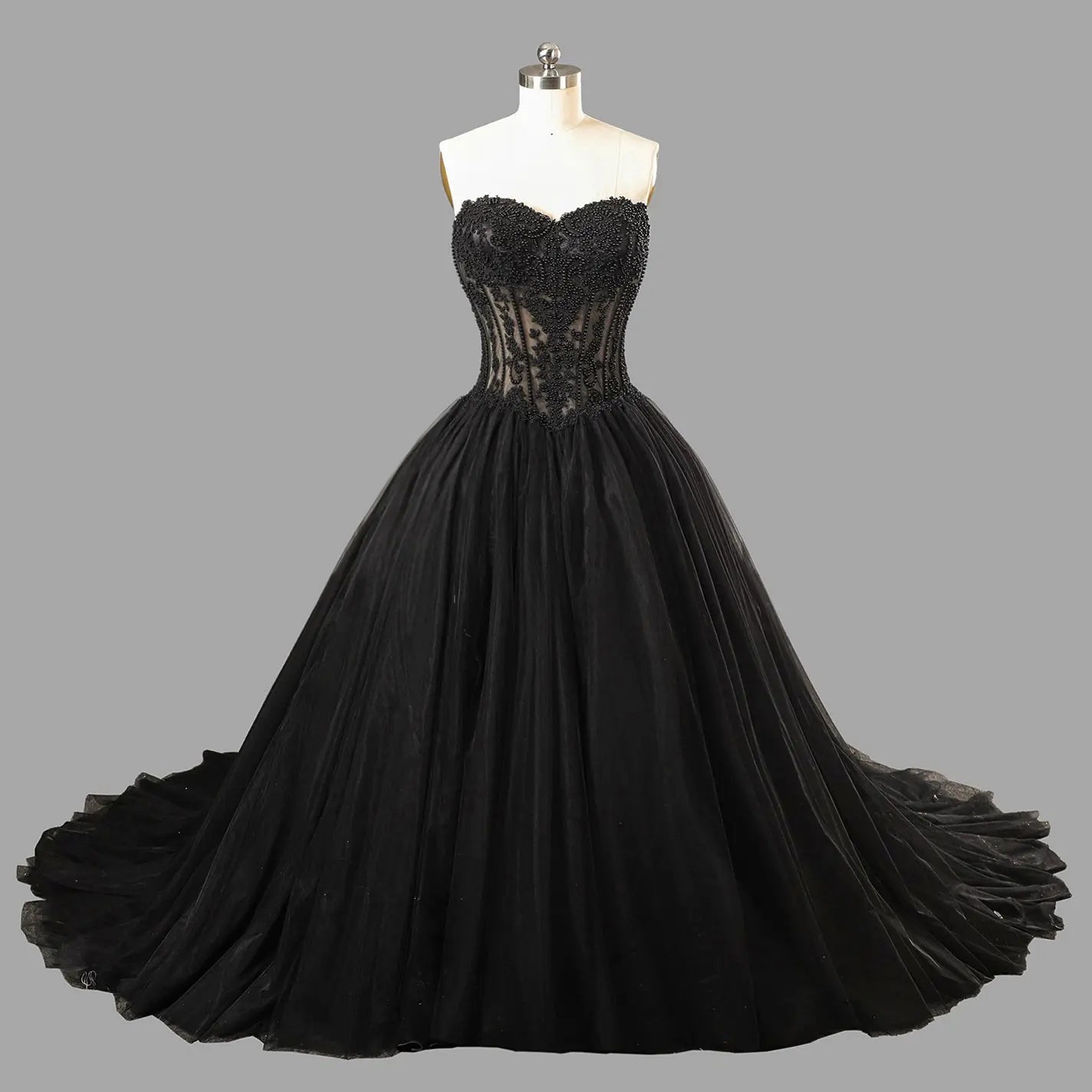 Black Lace Heavy Gothic Beading Wedding Dress Ballgown Corset Closure ZP202