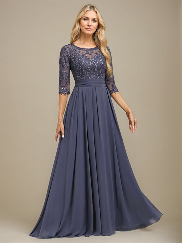 A-Line Scoop Floor-Length Lace Chiffon Mother Of the Bride Dress With Sequins Applique - View 4 | FashionDia
