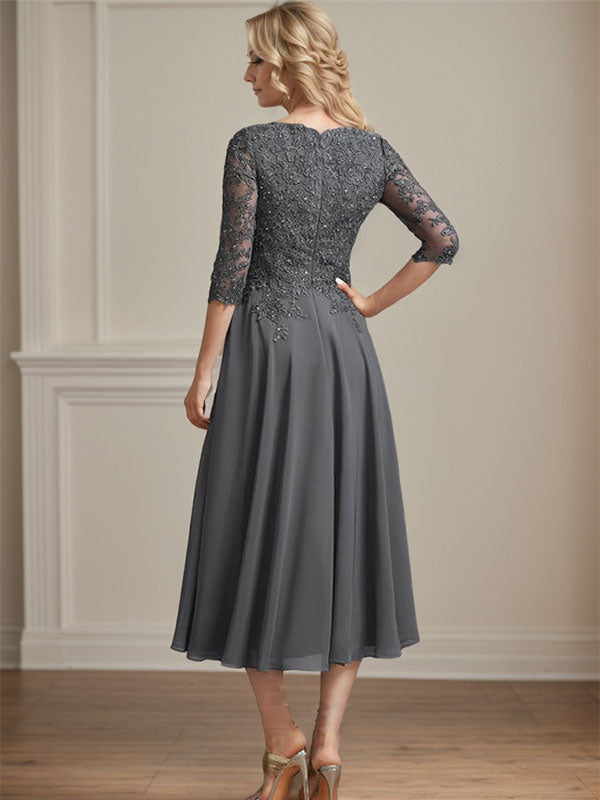 A-line V-Neck Tea-Length Chiffon Lace Mother of the Bride Dress With Beading Sequins - View 4 | FashionDia