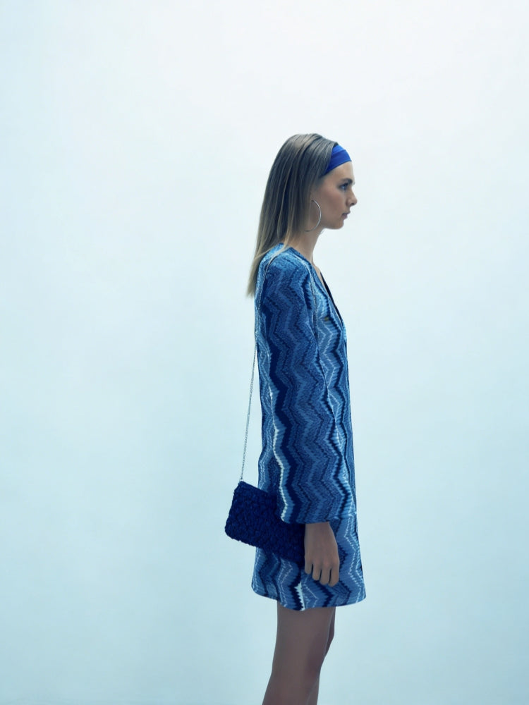 Blue Zigzag Knit Mini Dress