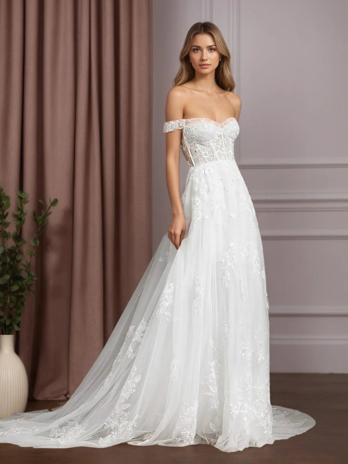 White A-Line Sequins Tulle Wedding Dress - View 3 | FashionDia