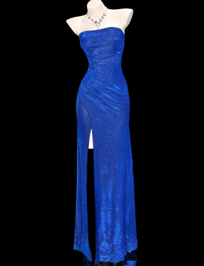 Shiny Strapless Royal Blue Satin Sequin Slit Mermaid Evening Dress Long Party Gown - FashionDia