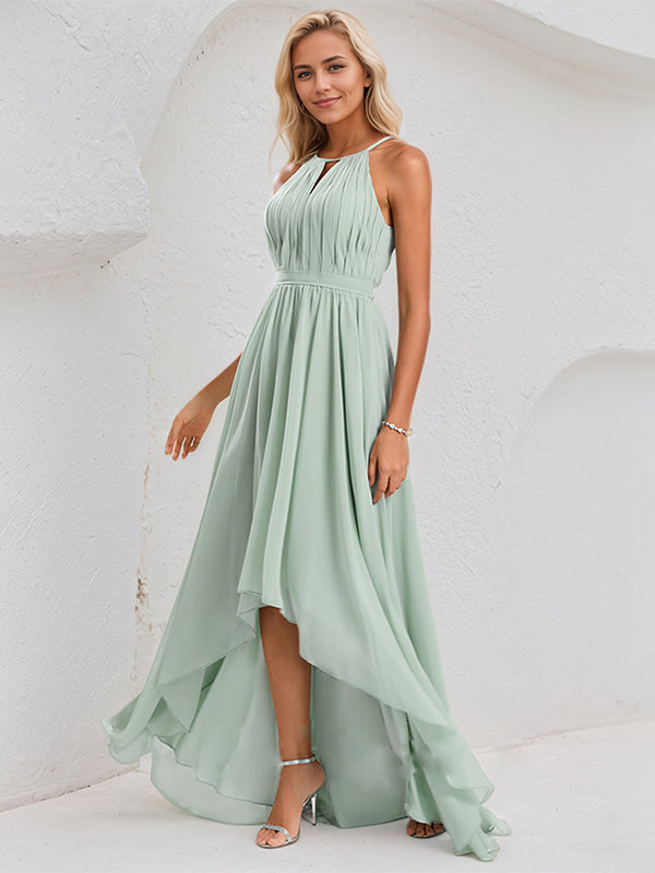 Agave Chiffon A Line Halter Neck Sleeveless Asymmetrical Bridesmaid Dress With Ruffle