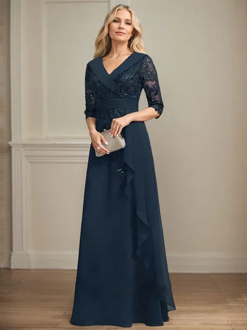 A-line Collared V-Neck Floor-Length Lace Chiffon Mother of the Bride Dress With Sequins Cascading Ruffles - View 4 | FashionDia