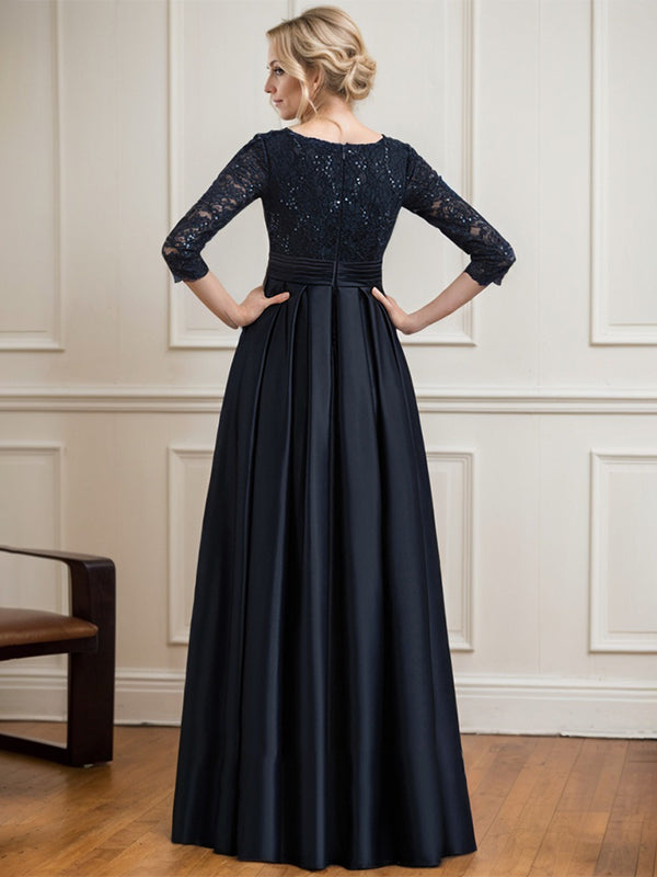 A-line V-Neck Floor-Length Satin Lace Mother of the Bride Dress With Sequins Bow - View 4 | FashionDia