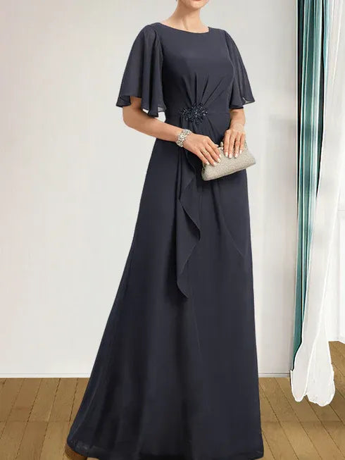 A-line Scoop Floor-Length Chiffon Mother of the Bride Dress With Cascading Ruffles Beading Sequins - View 4 | FashionDia