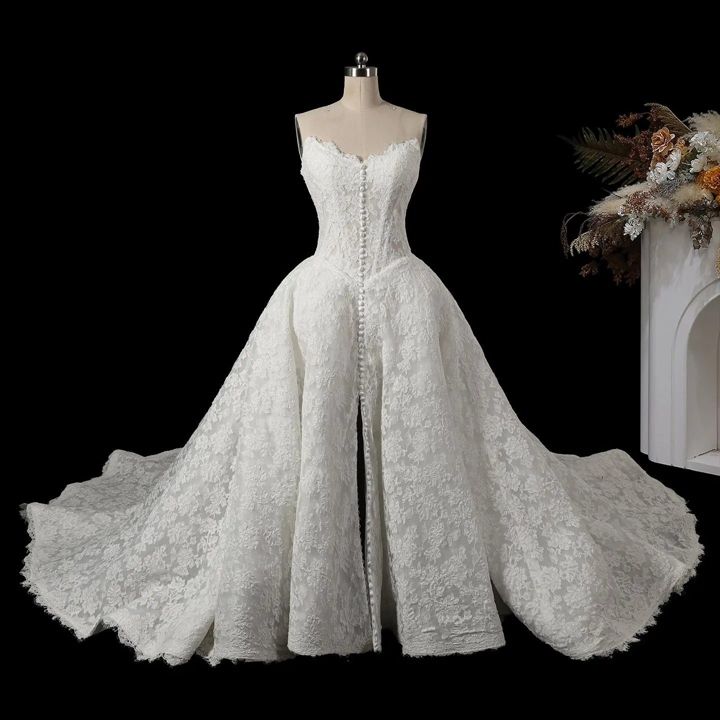 White Floral Lace Strapless Bridal Gown Sweetheart Neckline Front Button Ball Gown ZP011