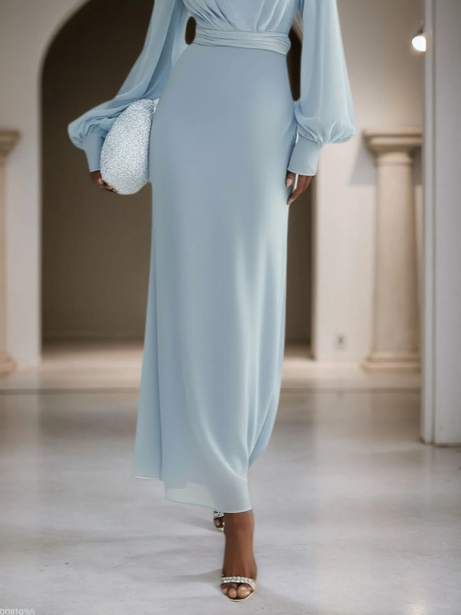 Light Blue Chiffon Mock Neck Long Sleeve Balloon Sleeve A-Line Maxi Dress