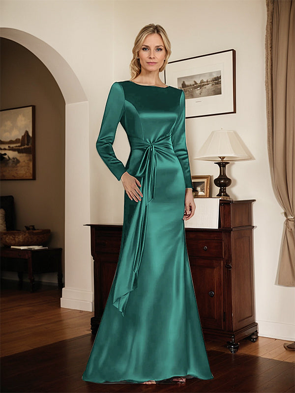 Satin Sheath Long Sleeves Mother of the Bride Dress with Side Waist - View 5 | FashionDia